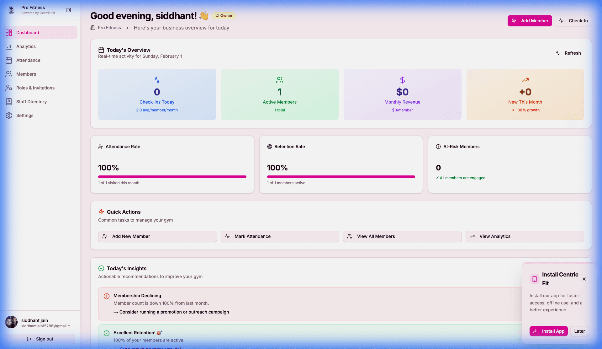 Dashboard showing real-time gym metrics and insights